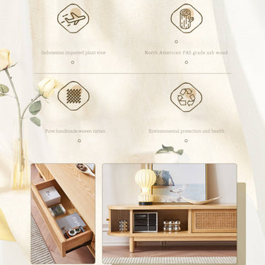 Elegant Dark Brown TV Cabinet with Rattan Panels and Stainless Steel Accents tzm - 535MUTUKISPACE