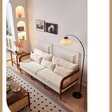 Luxurious Brown & Off - White Rattan Sofa with Ash Wood Frame and Silk Cotton - Ramie Fill tzm - 543MUTUKISPACE