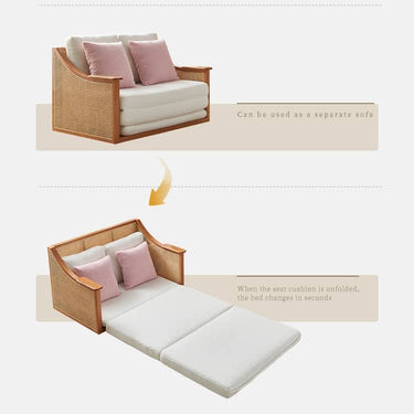 Elegant Off - White Faux Lambswool Sofabed with Natural Rattan and Ash Wood Accents tzm - 544MUTUKISPACE