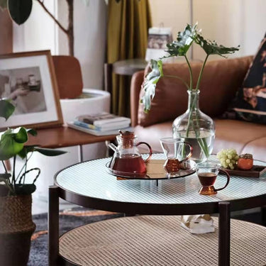 Stunning Black & Cherry Wood Coffee Table with Glass Top and Rattan Weaving yw - 169MUTUKISPACE